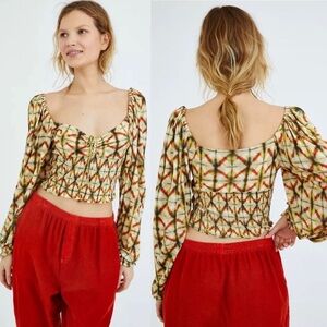 Urban Outfitters XS Old Soul Yellow Green Orange Smocked Crop Top UO
